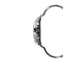 Silver and black stainless steel digital watch with metal band shown from the side.
