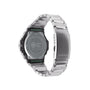 Silver stainless steel digital watch with black case, rectangular face, and metal link band shown from front and back views.