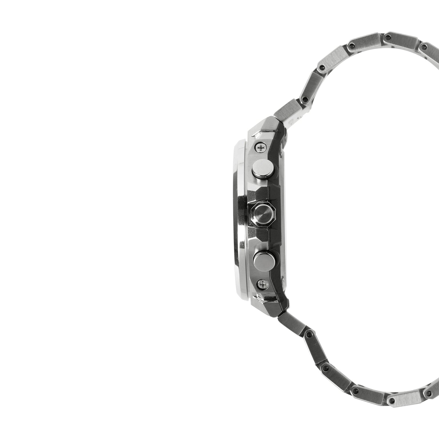 Silver and black stainless steel digital watch with metal band and multiple pushbuttons on side case.