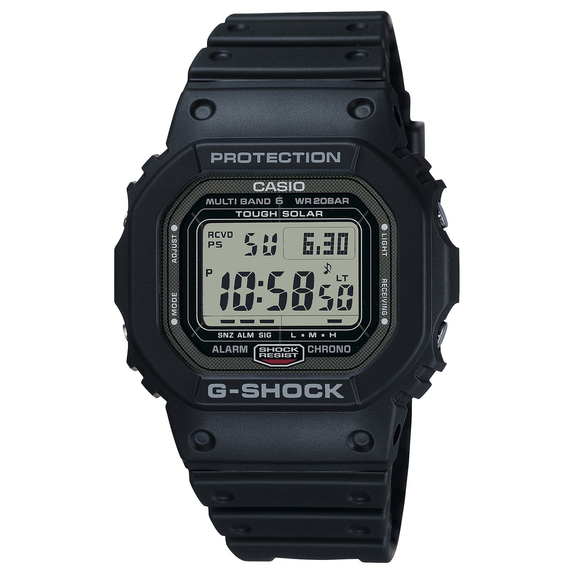 Black Casio G-Shock digital watch with stainless steel and resin case, displaying time and date on LCD screen.