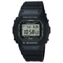 Black Casio G-Shock digital watch with stainless steel and resin case, displaying time and date on LCD screen.