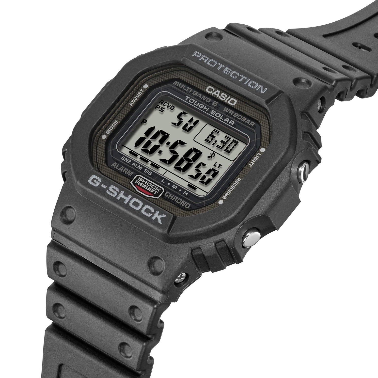 G-Shock digital watch with black resin band and square face displaying time, date, and solar power indicator.