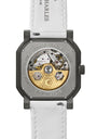 Watch with white strap and visible brand name on a white background