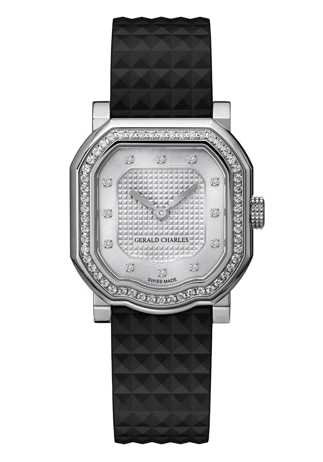 Gerald Charles watch with black strap and diamond-studded face on a white background