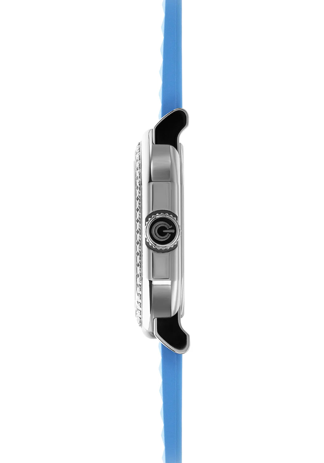 Watch with blue strap and silver case on a white background