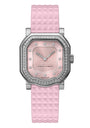 Pink watch with diamond-studded face on a white background