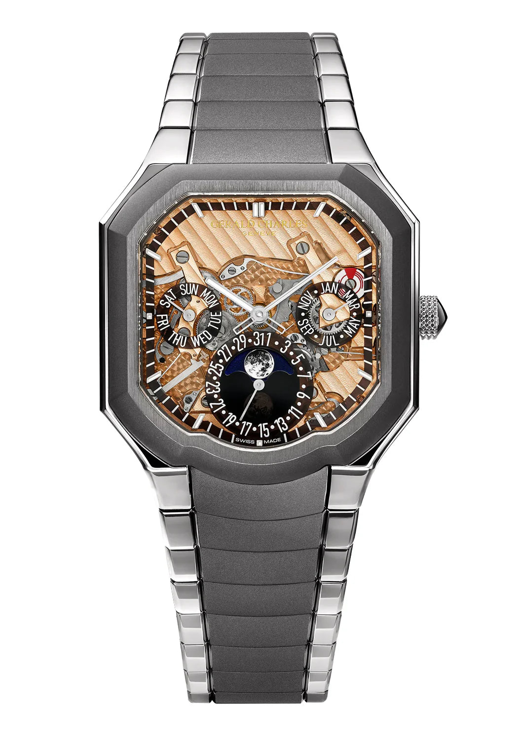 Silver watch with intricate face on a white background