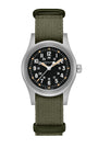 Watch with green strap and black dial on a white background