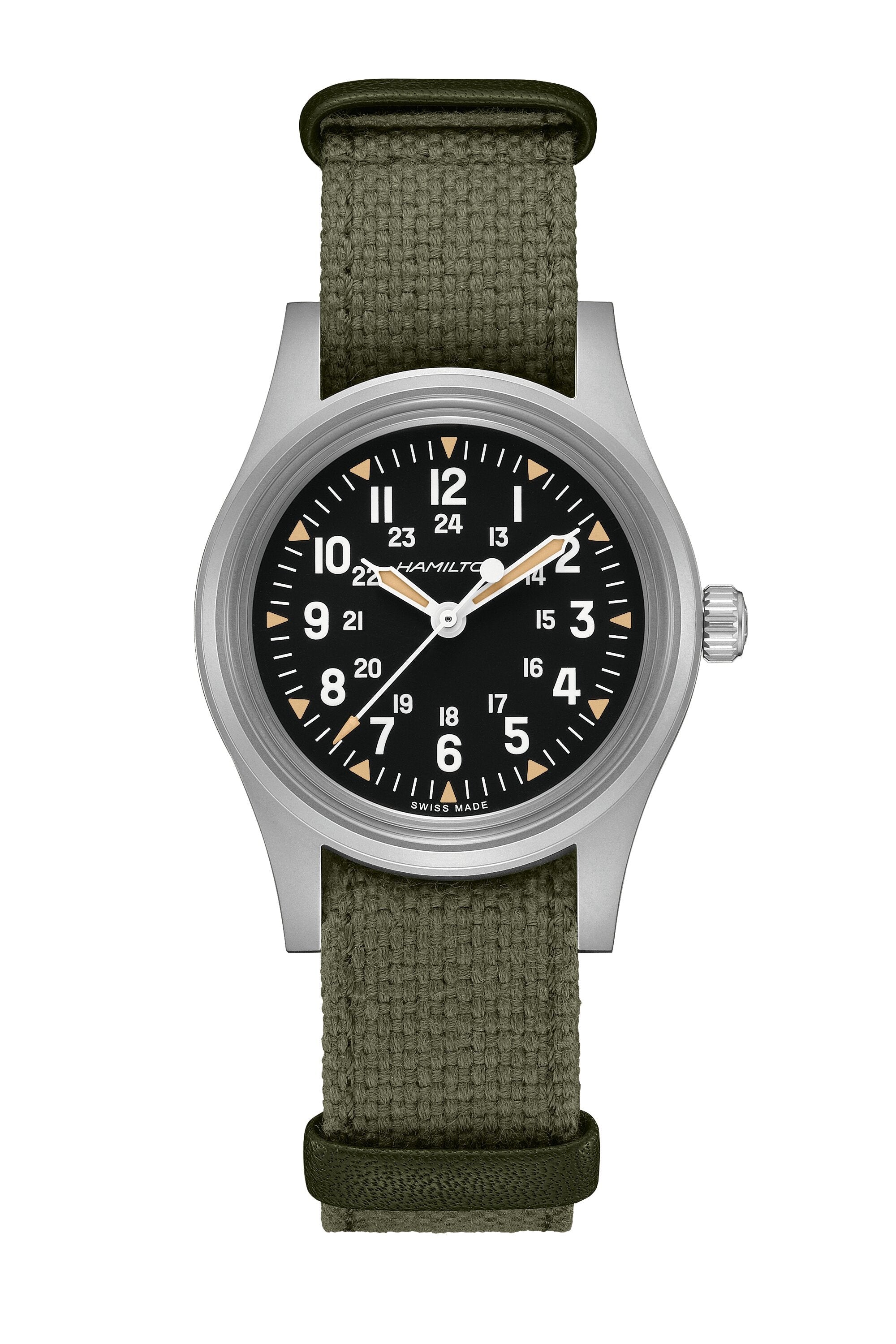 Watch with green strap and black dial on a white background