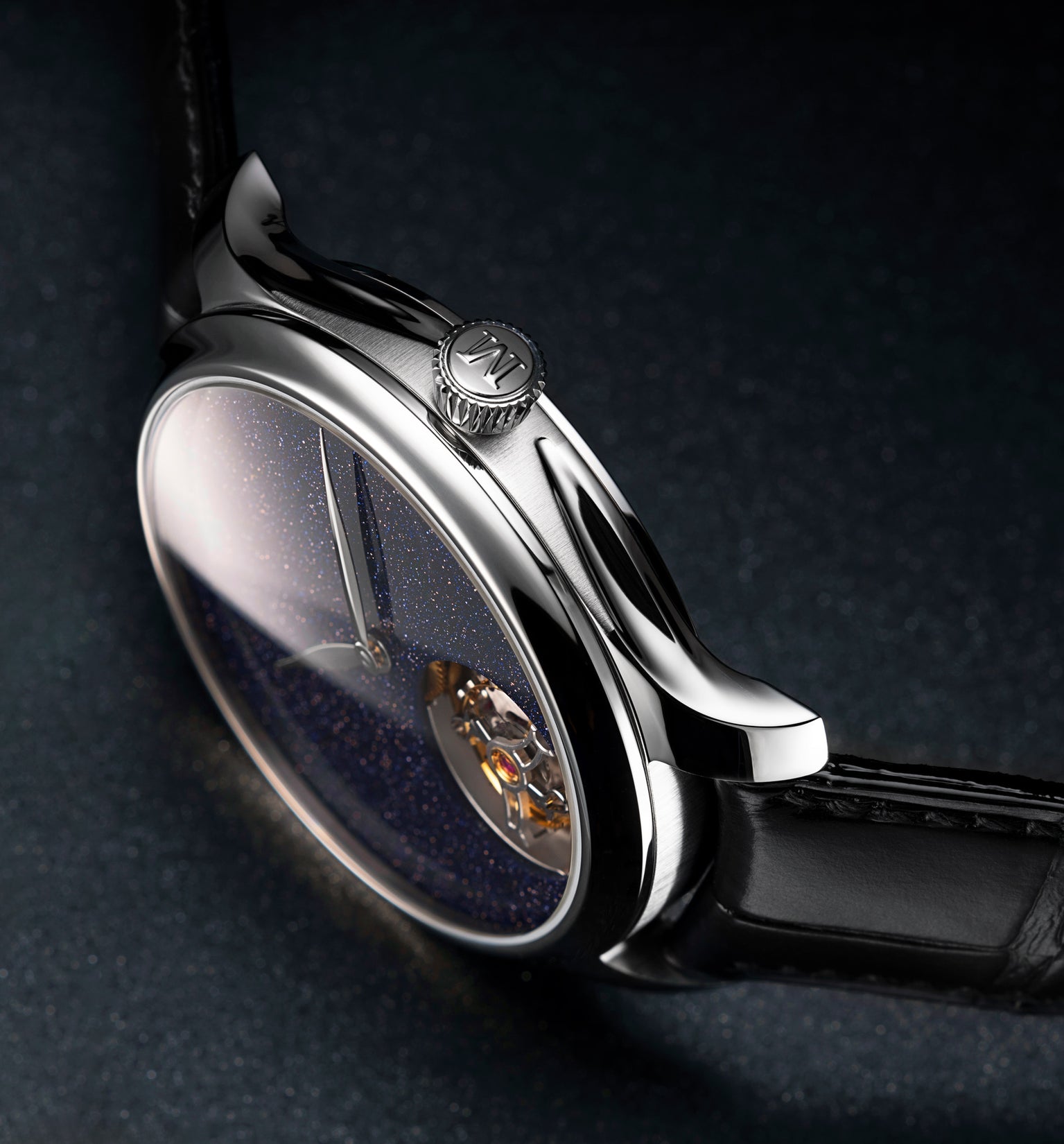 Steel watch with dark aventurine dial featuring visible tourbillon mechanism, black leather strap, and textured bezel.