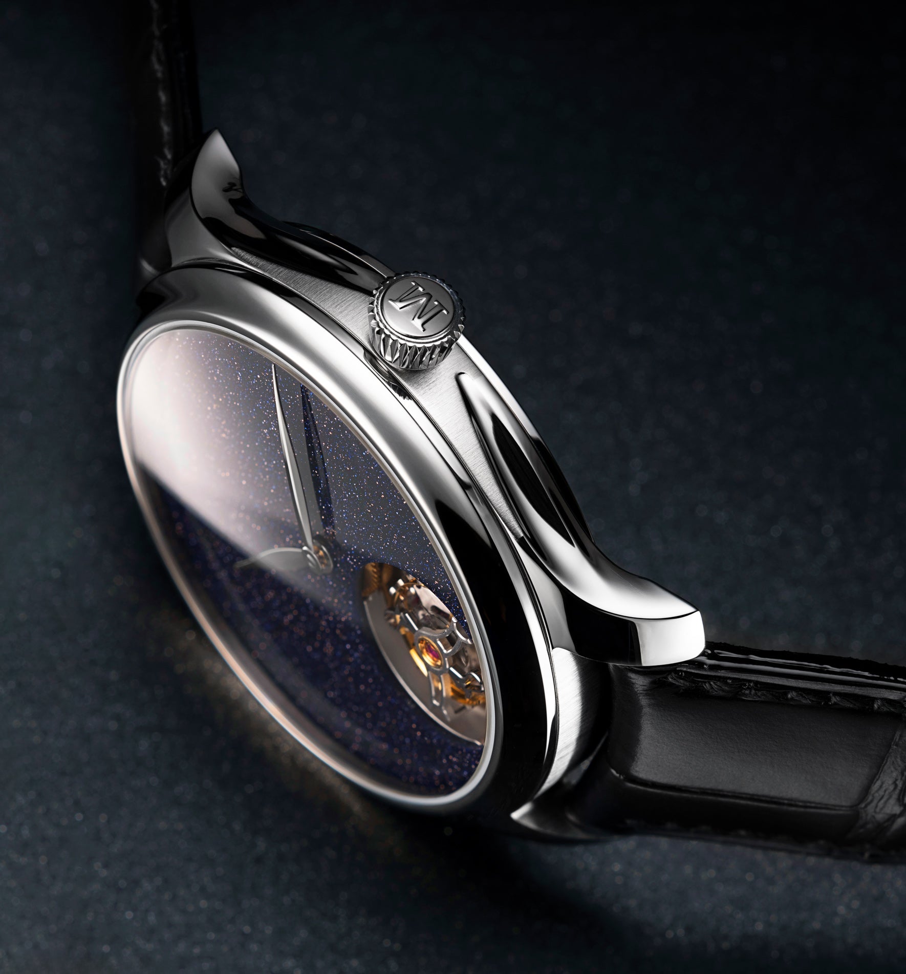 Steel watch with dark aventurine dial featuring visible tourbillon mechanism, black leather strap, and textured bezel.