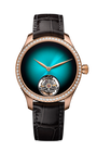 Rose gold watch with blue gradient dial, diamond bezel, visible tourbillon at 6 o'clock, and black leather strap.