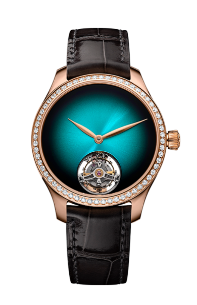 Rose gold watch with blue gradient dial, diamond bezel, visible tourbillon at 6 o'clock, and black leather strap.
