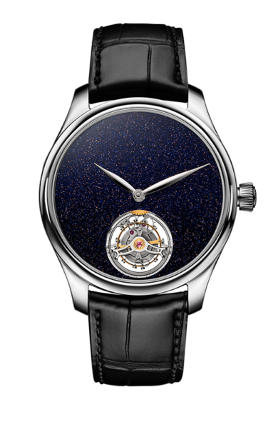 Steel watch with dark blue aventurine dial, visible tourbillon at 6 o'clock, white hands, and black leather strap.