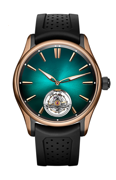 Rose gold and black watch with teal dial, visible tourbillon subdial at 6 o'clock, and black perforated rubber strap.