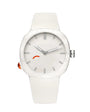 White watch with a black background