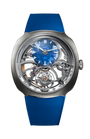 Streamliner Alpine watch with blue dial, visible skeleton movement, gray case, and blue rubber strap.