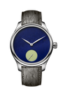 Stainless steel watch with dark blue dial, small seconds subdial, white hands, and gray textured leather strap.