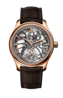 Luxury watch with brown leather strap and rose gold case on white background
