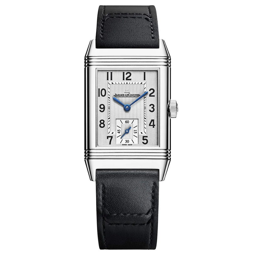 The Jaeger-LeCoultre Reverso Classic Monoface Small Seconds is a rectangular luxury wristwatch with a silver dial, blue hands, black Arabic numerals, small seconds subdial, and a black calfskin strap. Brand logo adorns the dial.