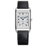 The Jaeger-LeCoultre Reverso Classic Monoface Small Seconds is a rectangular luxury wristwatch with a silver dial, blue hands, black Arabic numerals, small seconds subdial, and a black calfskin strap. Brand logo adorns the dial.