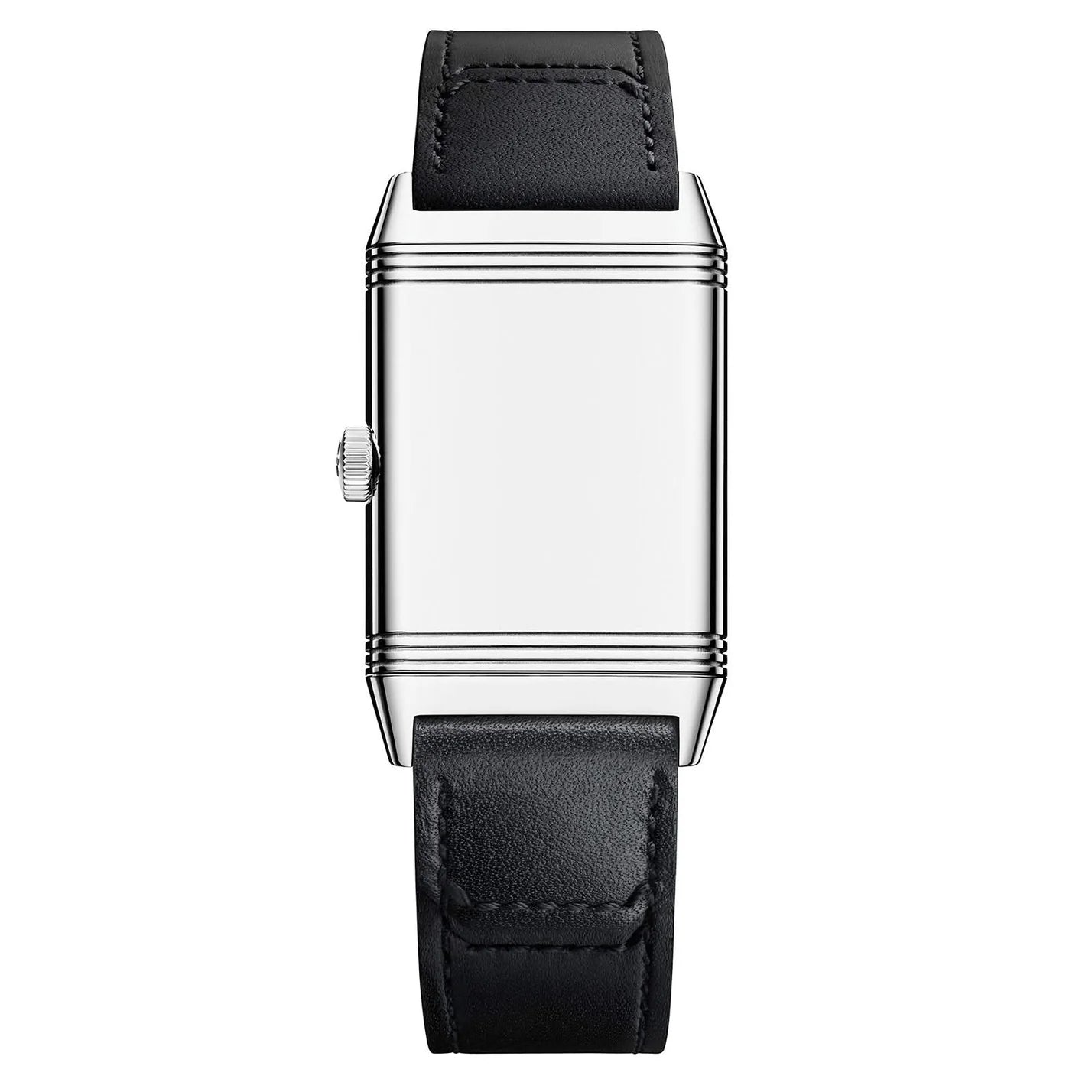 The Jaeger-LeCoultre Reverso Classic Monoface Small Seconds is a rectangular silver wristwatch with a minimalist Art Deco design, white dial, black calfskin strap, ridged left crown, and features the mechanical Calibre 822 movement.
