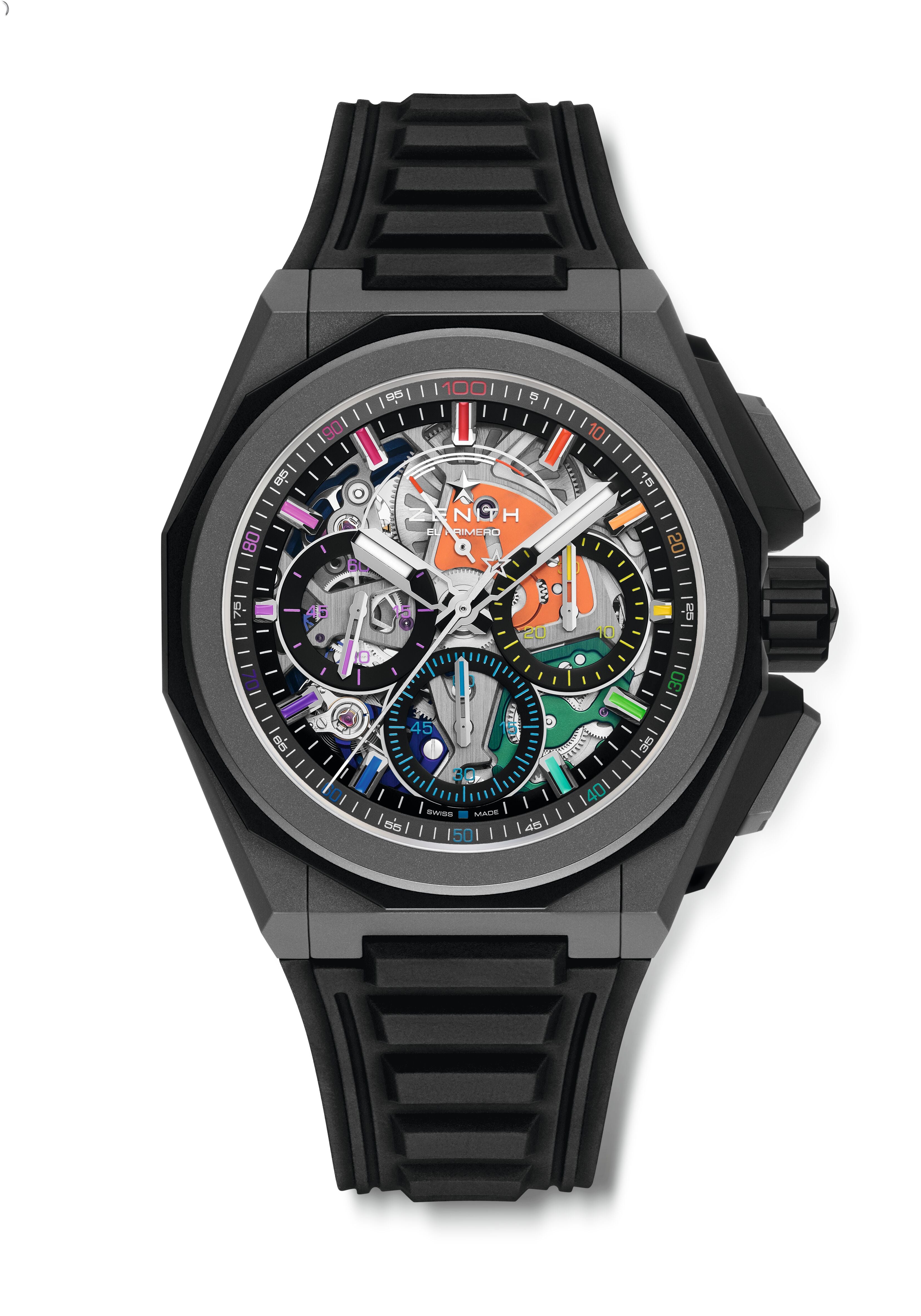 The Zenith Defy Extreme Chroma is a modern wristwatch with a black case and strap, showcasing a colorful skeleton dial and intricate gears, powered by the El Primero 9004 microblasted titanium chronograph movement.