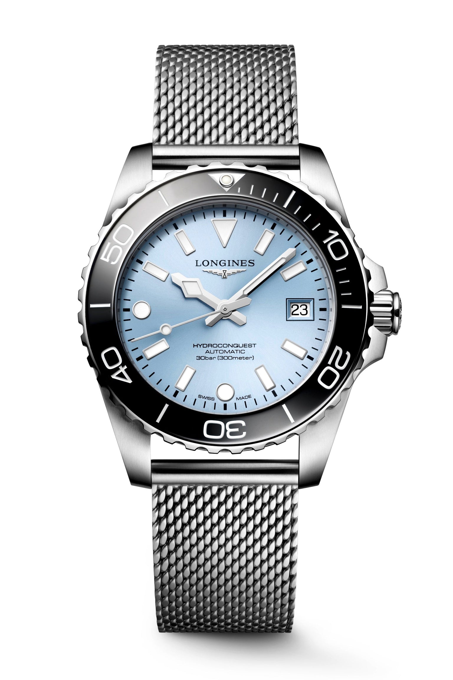 Longines Hydroconquest 39 with light blue dial, black unidirectional bezel, and stainless steel mesh bracelet.