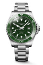 Longines watch with green dial and silver bracelet on a white background