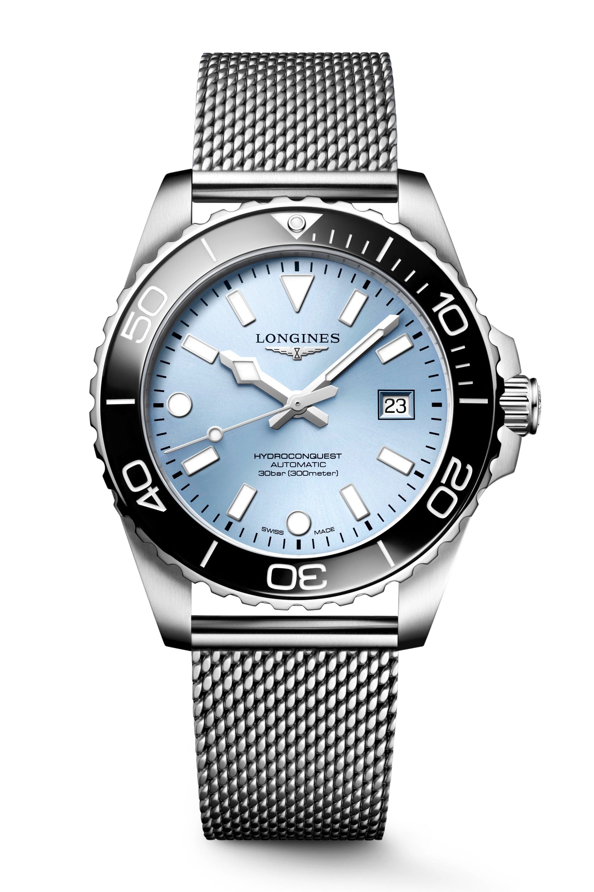 Silver watch with blue face on a white background