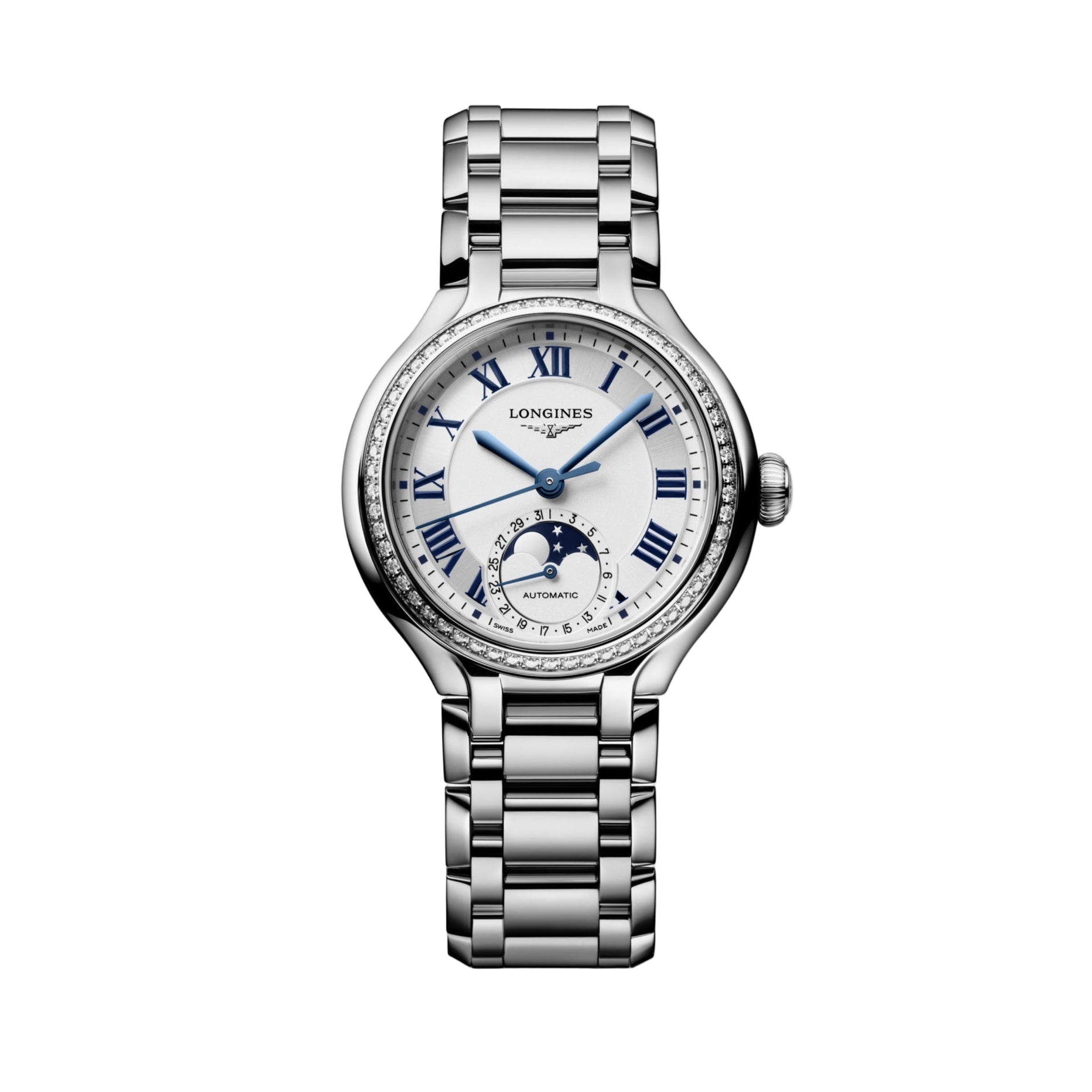 The Longines PrimaLuna Moonphase watch features a stainless steel case, silver dial with blue Roman numerals, moonphase sub-dial, and metal link bracelet, shown against a white background.