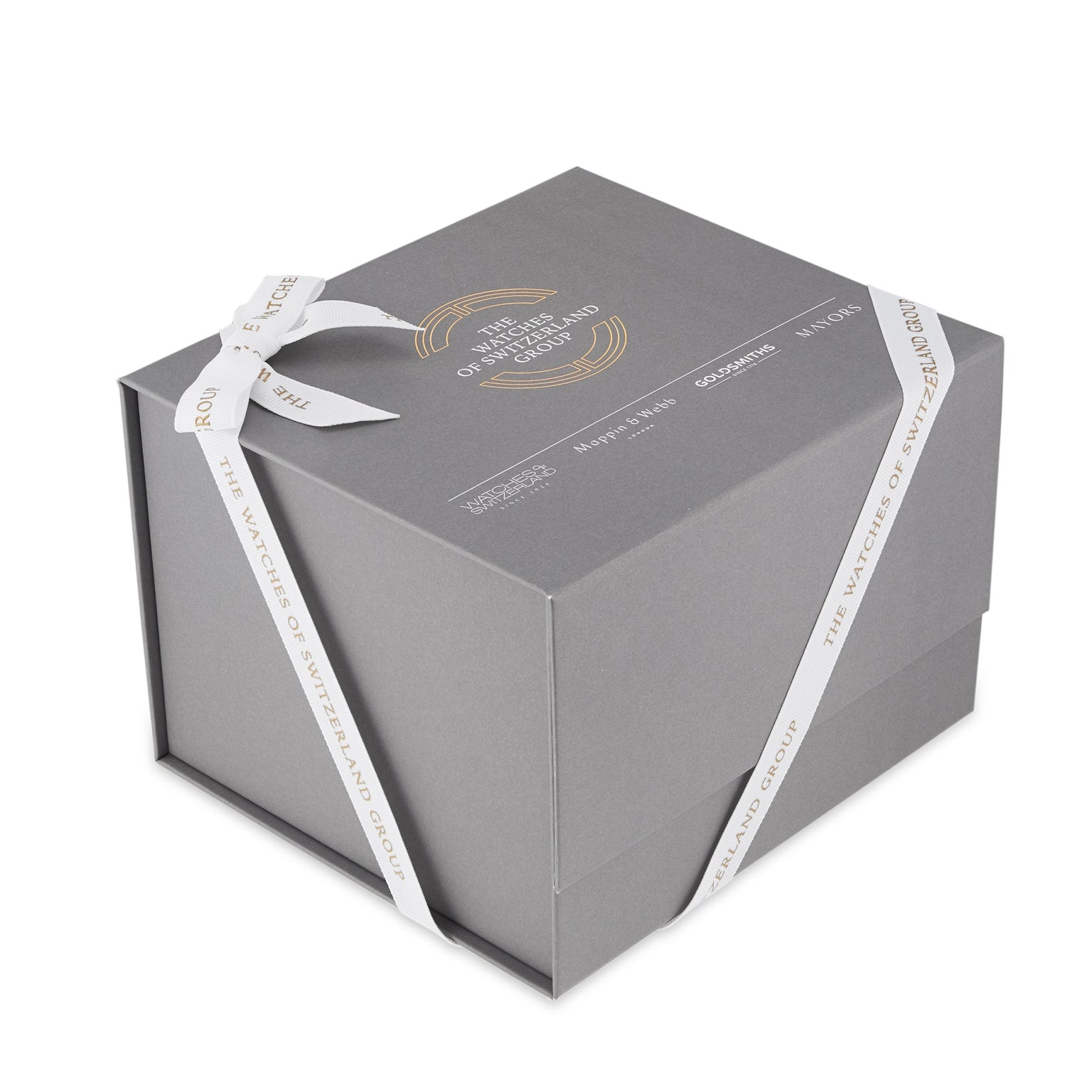 A gray gift box with white text and ribbon, featuring The Watches of Switzerland Group branding—perfect for gifting your Breitling Superocean Automatic 42 dive watch.