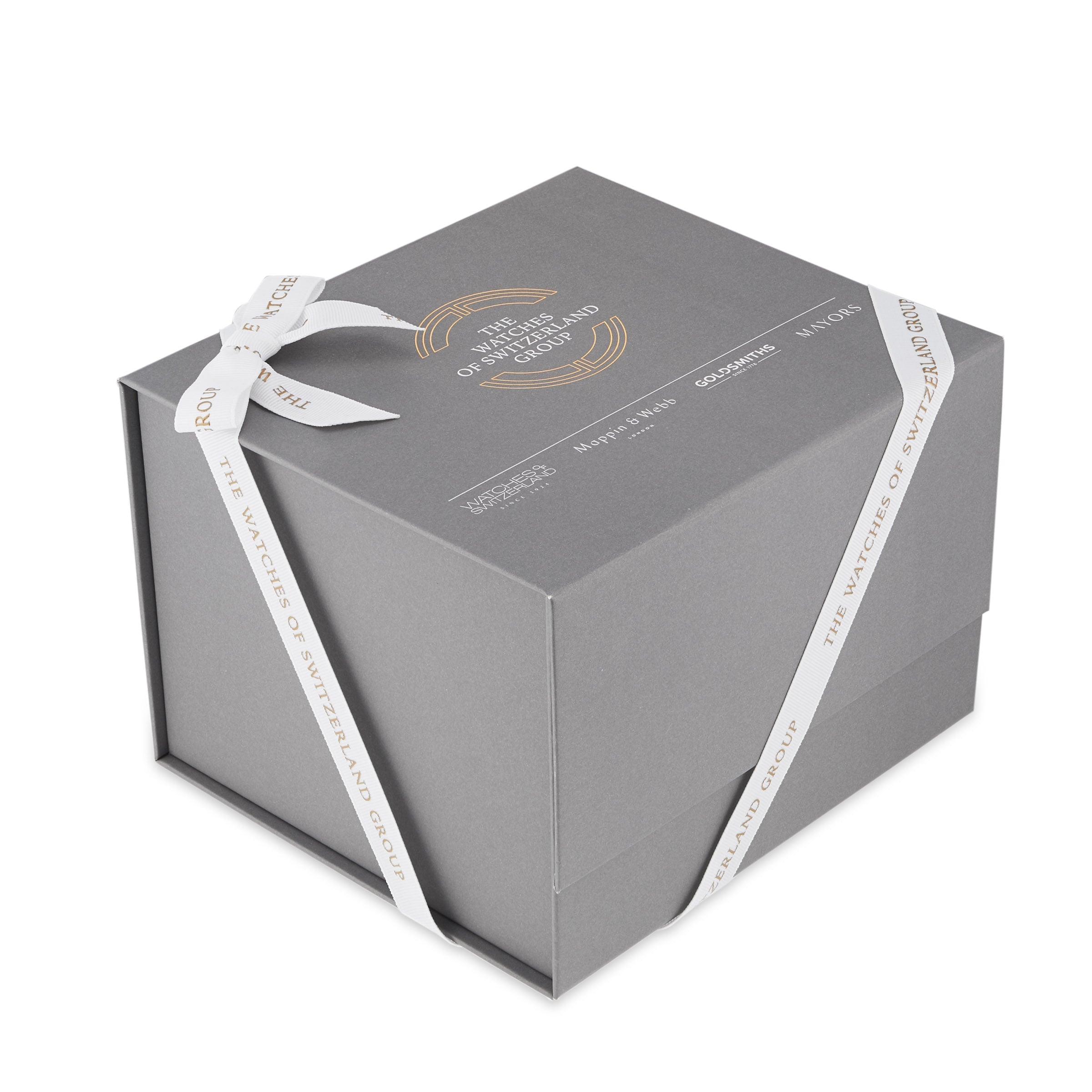 A gray gift box with white ribbon, featuring The Watches of Switzerland Group branding and a gold circular lid design—ideal for presenting the Breitling Superocean Automatic 44, known for its outstanding water resistance.