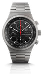 Silver watch with black dial on a white background