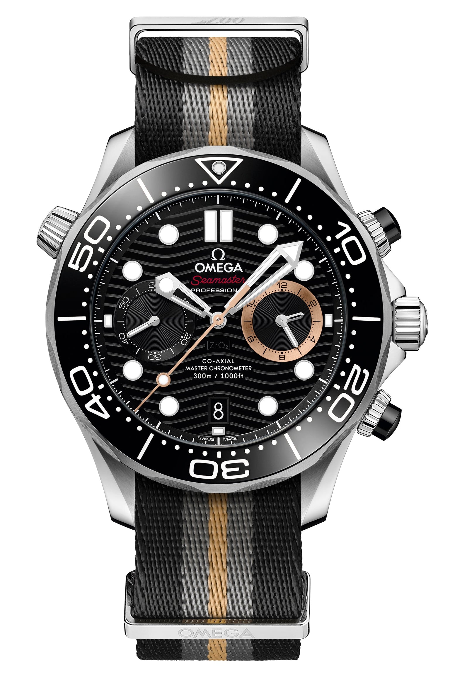 Omega watch with black dial and striped strap on white background