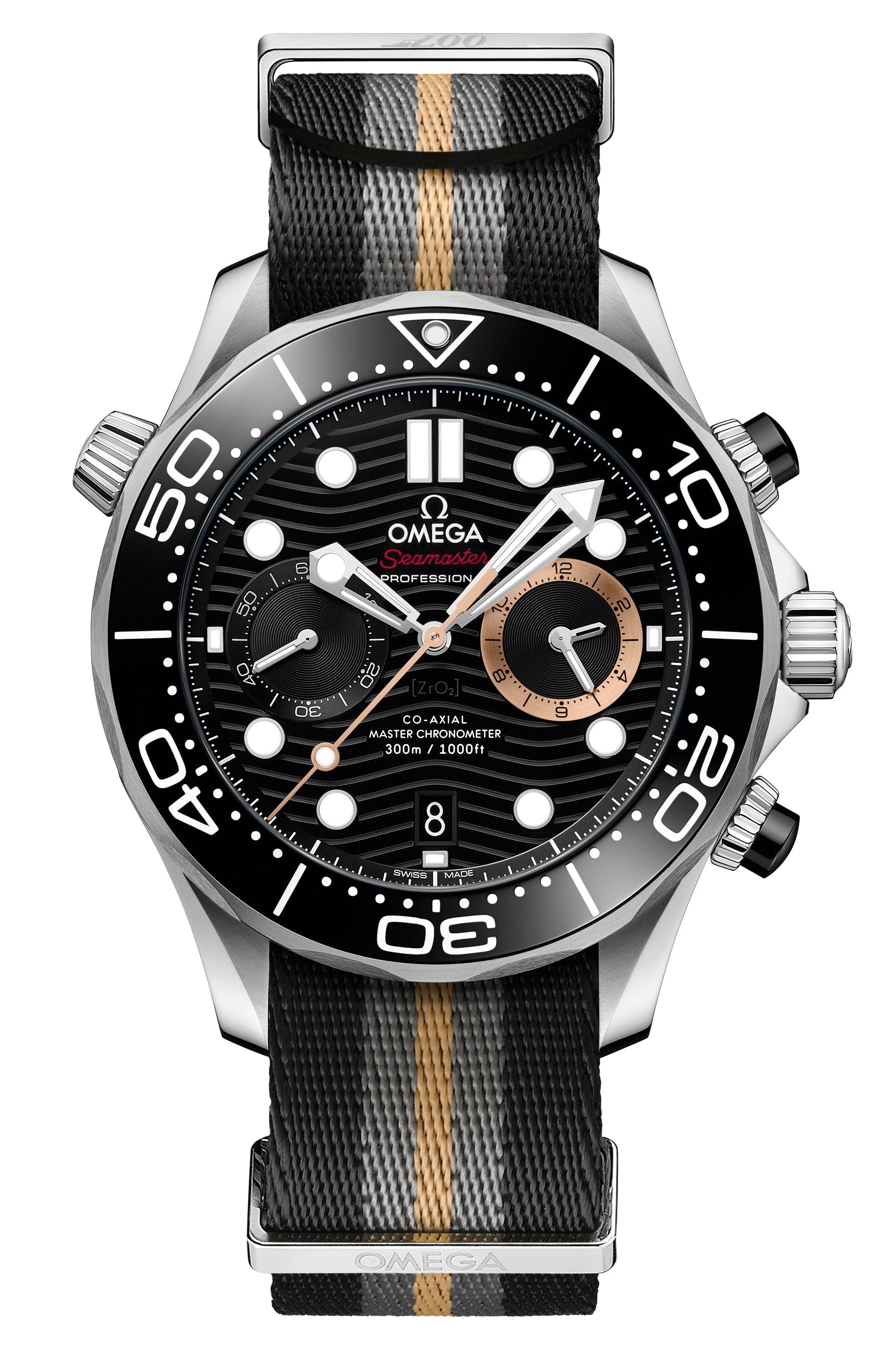 Omega watch with black dial and striped strap on white background