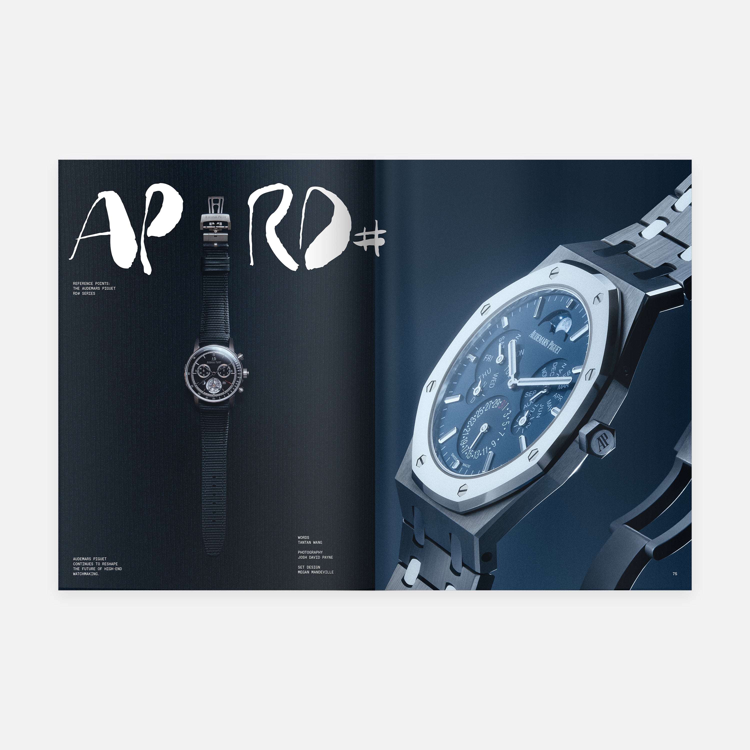 An open Hodinkee Magazine Volume 15 by Hodinkee displays a black watch on a dark background with stylish white text on the left page and a close-up of a silver watch illustrating modern watch culture on the right.