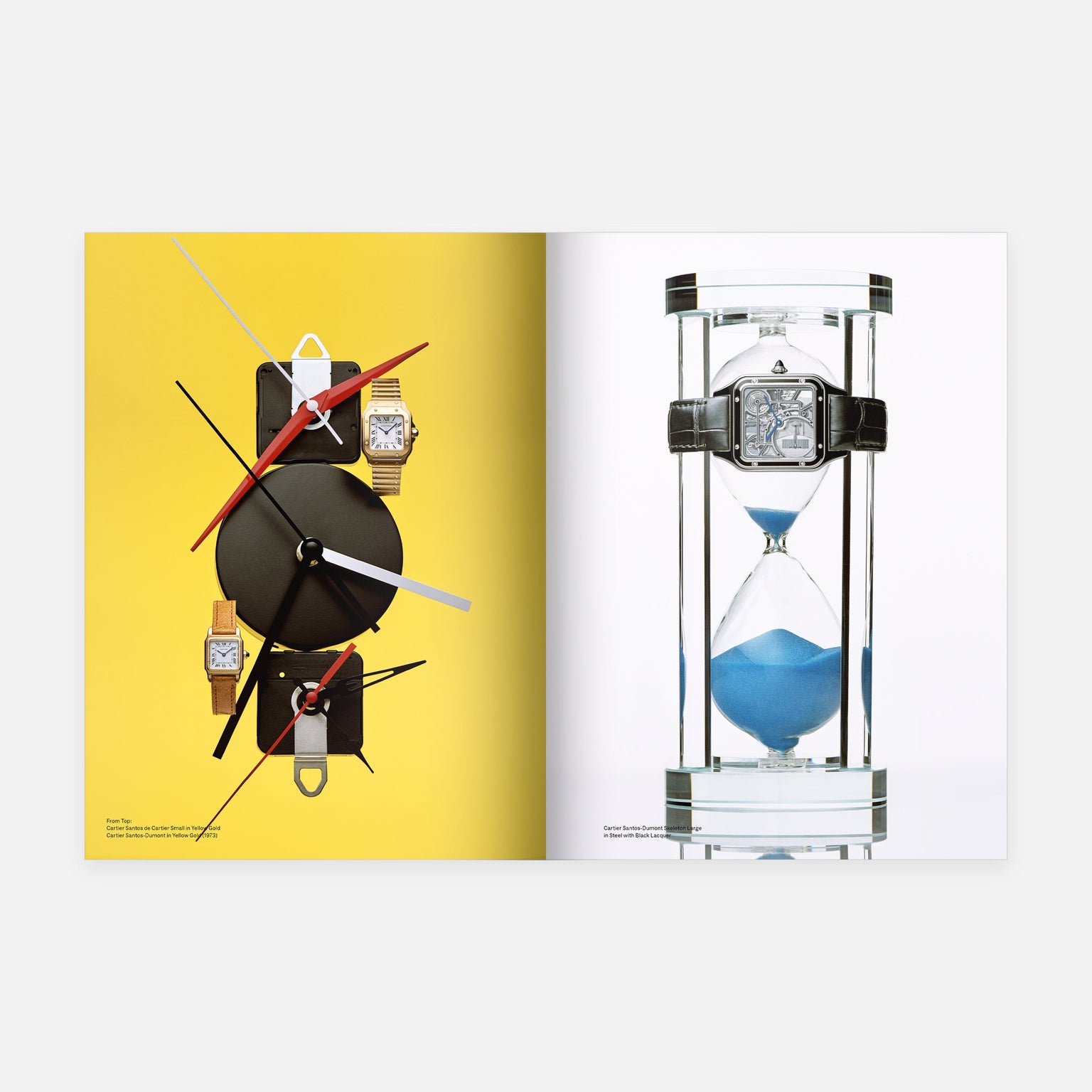 A Hodinkee Magazine Volume 15 spread showcases modern watch culture: watches rest atop a black clock with oversized red, white, and black hands on yellow, while a luxury timepiece from Hodinkee wraps around a blue-sand hourglass.