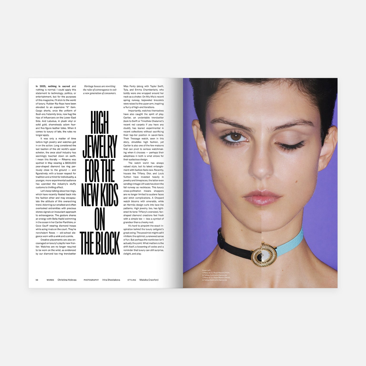 A magazine spread shows a Hodinkee Magazine Volume 15 article titled "High Jewelry for the New Kids on the Block" on the left, and on the right, a person with short hair wears two chokers and winks against a purple background. Brand: Hodinkee.
