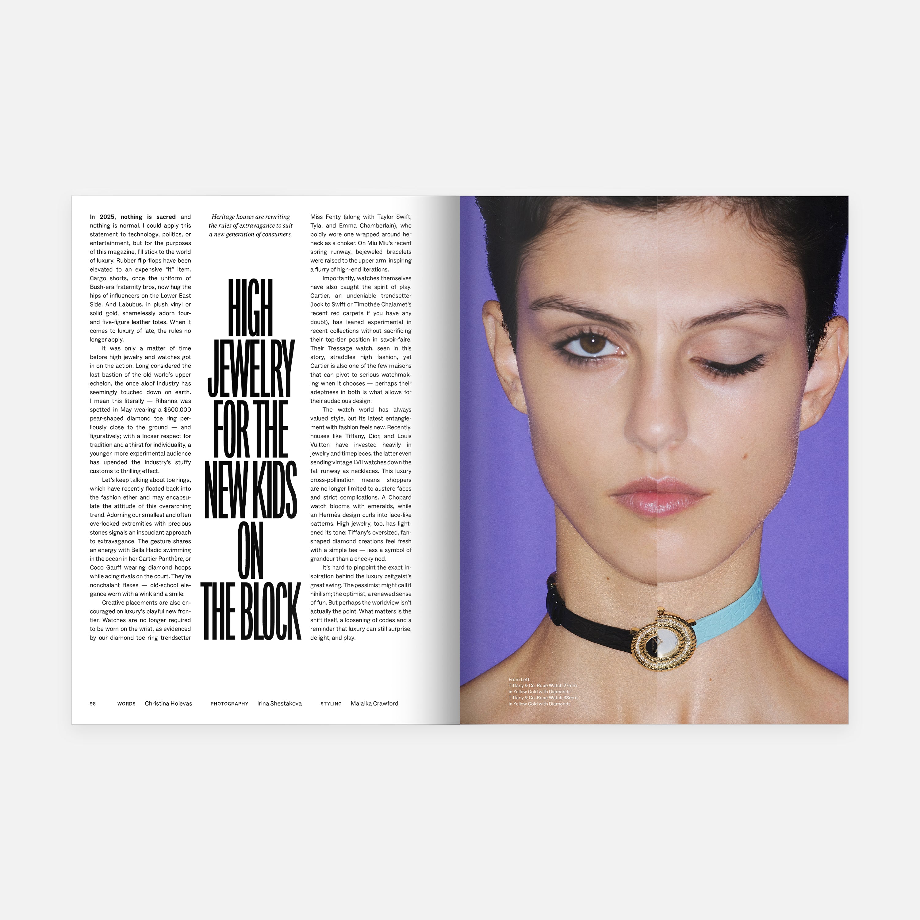 A magazine spread shows a Hodinkee Magazine Volume 15 article titled "High Jewelry for the New Kids on the Block" on the left, and on the right, a person with short hair wears two chokers and winks against a purple background. Brand: Hodinkee.