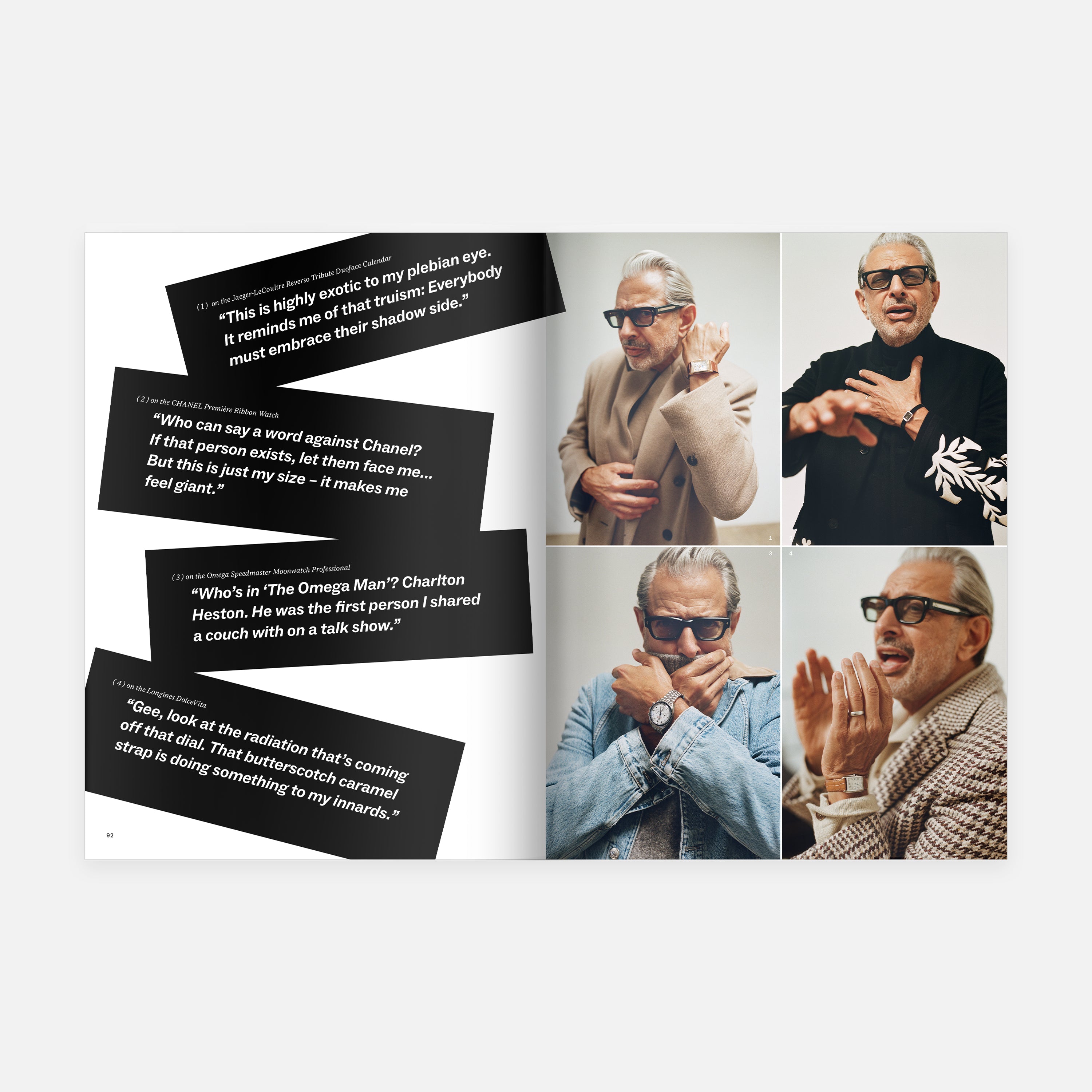 Hodinkee Magazine Volume 15 by Hodinkee features a spread with four photos of a stylish older man in glasses and black quote boxes sharing his witty views on fashion, movies, style, and modern watch culture.