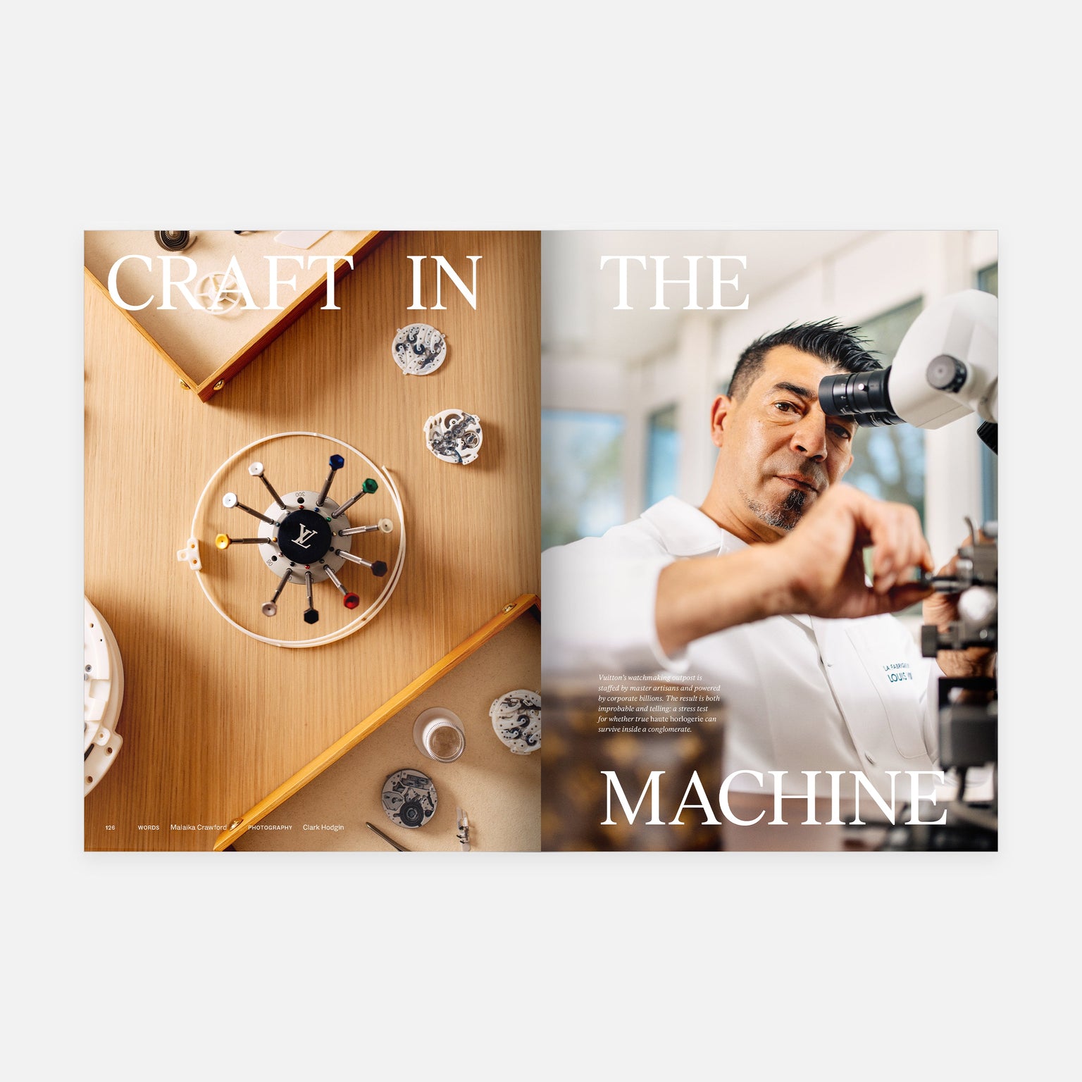 A Hodinkee Magazine Volume 15 spread shows watch parts and tools on a wooden table beside a watchmaker in a white coat at a microscope—an inside look at luxury watchmaking. Large text reads, CRAFT IN THE MACHINE.
