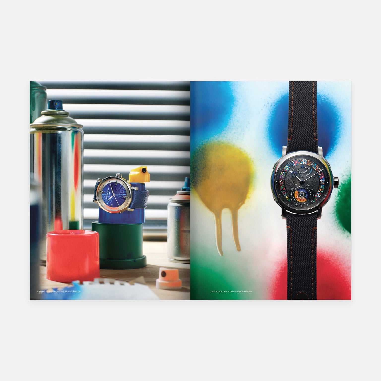 Hodinkee Magazine Volume 15 by Hodinkee is showcased among colorful spray paint cans on the left, with a close-up on the right against a vibrant, spray-painted background—reflecting contemporary watch culture and creativity.