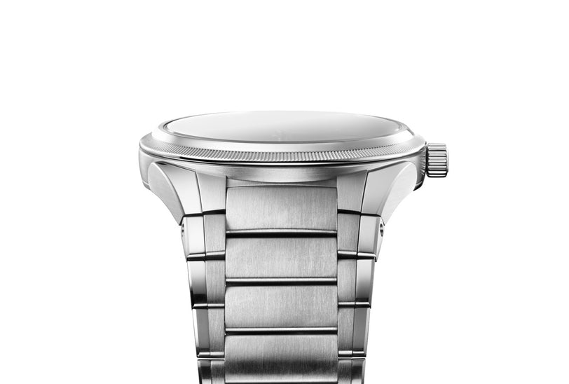 Silver watch with a detailed band on a white background