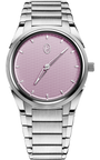 Silver watch with a pink face on a white background
