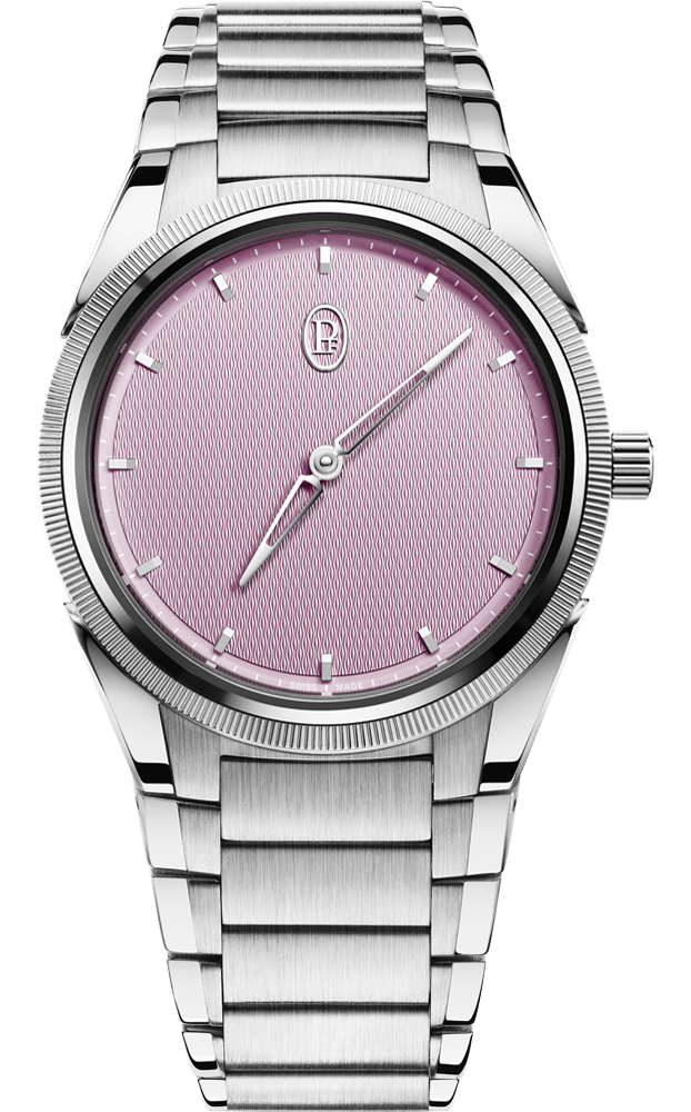 Silver watch with a pink face on a white background