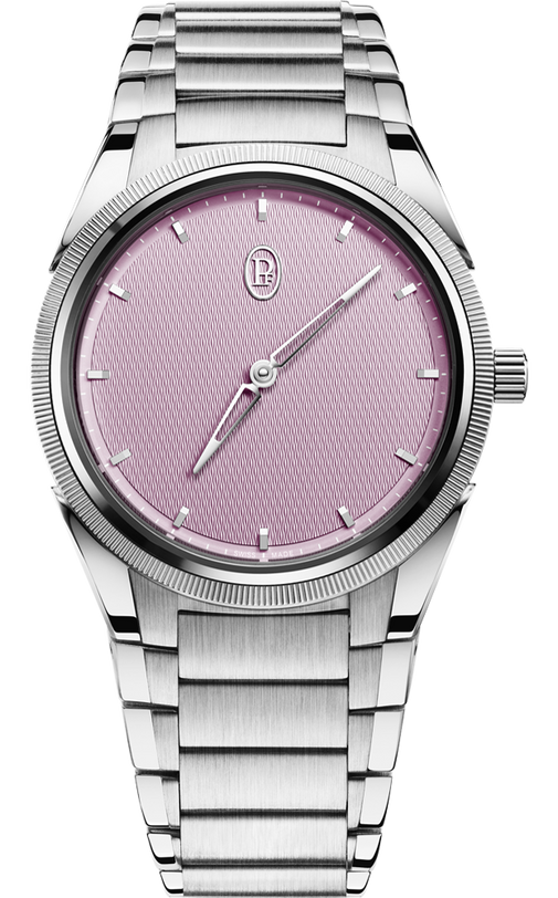 Silver watch with a pink face on a white background