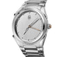 Silver watch with a detailed face on a white background