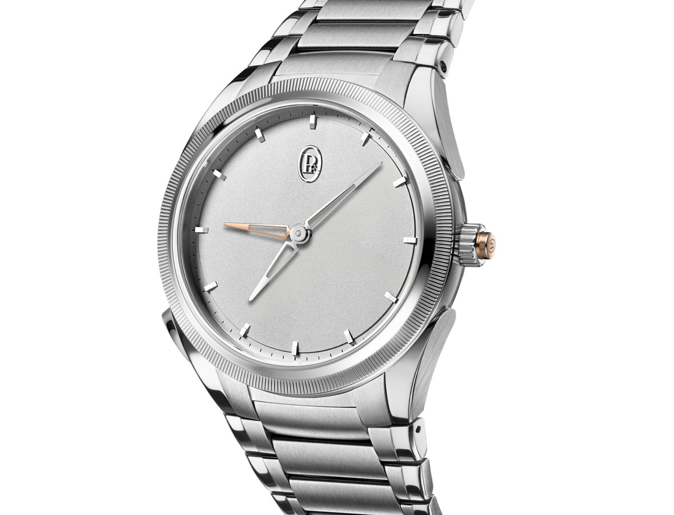 Silver wristwatch with a white face on a white background