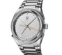 Silver wristwatch with a detailed face on a white background